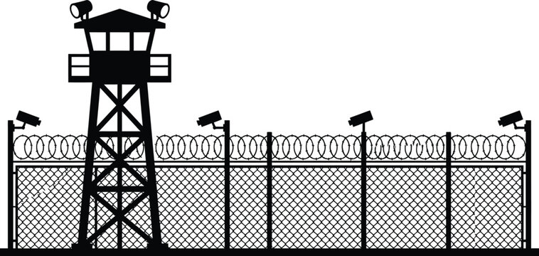 Prison Watchtower and Security Fence Silhouette Vector