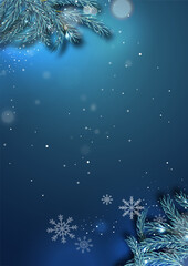 Blue Christmas Background with Pine Branches and Copy Space