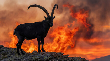 black ibex goat with large curved horns standing on rocky cliff with dramatic fire flames and smoke in background for wildlife nature and intense environmental scene