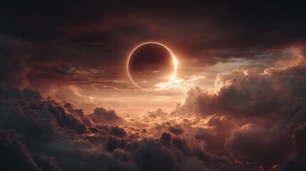 a dramatic cosmic solar eclipse set against a glowing celestial sky capturing the shadowed sun radiant corona and deep space atmosphere in a surreal astronomical moment