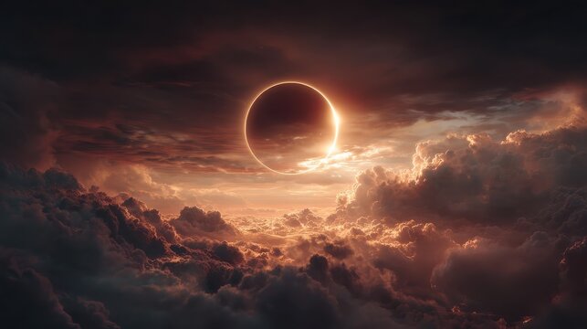 a dramatic cosmic solar eclipse set against a glowing celestial sky capturing the shadowed sun radiant corona and deep space atmosphere in a surreal astronomical moment