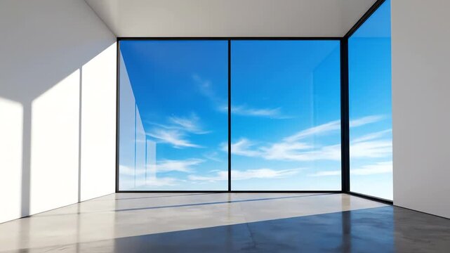 Seamless tracking shot gliding across a pristine minimalist white empty room with a large floor-to-ceiling window overlooking a blue sky high end, clean aesthetic, modern