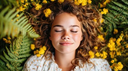 Naklejka premium A serene portrait of a young woman lying among vibrant yellow flowers and green ferns, radiating tranquility and connection to nature in a warm and nurturing environment.