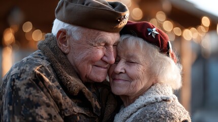A heartwarming moment captured between an elderly couple sharing a loving embrace, showcasing their deep connection and affection amidst a serene backdrop with lights.