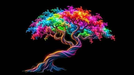 A digital tree with a trunk spinning in purple, blue, and orange, and leaves that glow in a rainbow spectrum