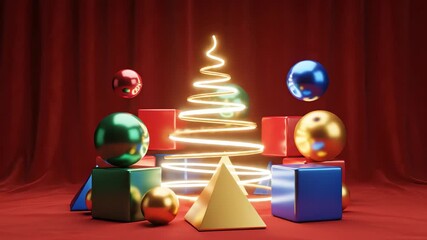 Seamlessly looping 3D rendering of a stylized glowing Christmas tree and geometric toy blocks rotating slowly over a deep crimson red background suitable for commercial use tree, no, graphics
