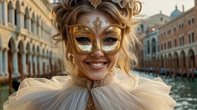 beautiful stranger at a Venetian carnival smiles mysteriously and tenderly