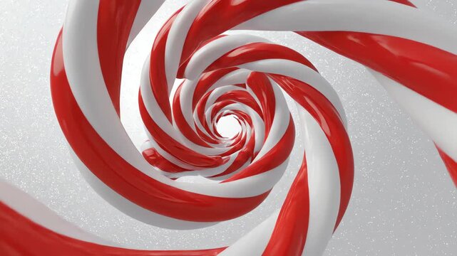 Seamlessly looping 3D motion graphics background featuring swirling red and white candy ribbons forming an infinite, hypnotic spiral pattern against a frosted background energy, holiday, fantasy