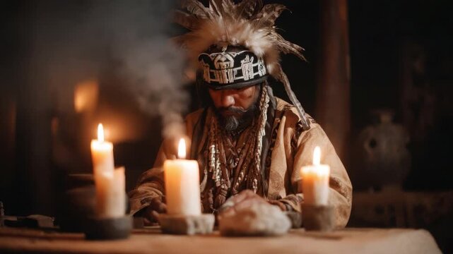 Traditional Indigenous Man Crafting Artifacts Surrounded by Candles in Dimly Lit Setting 4k video footage