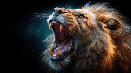 A fierce and powerful image of a roaring lion set against a dramatic dark backdrop, capturing the essence of strength, majesty, and the raw beauty of wildlife.