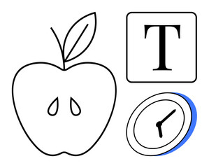 Education, time management, typography, fruit, minimalism, design concepts. Black and white apple with seeds, square text block and rounded clock. Education and time management concepts