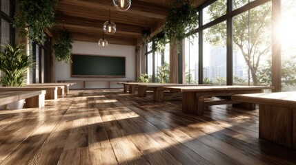 A bright and spacious classroom featuring wooden furnishings and ample natural light, creating an inviting learning environment that inspires creativity and collaboration.