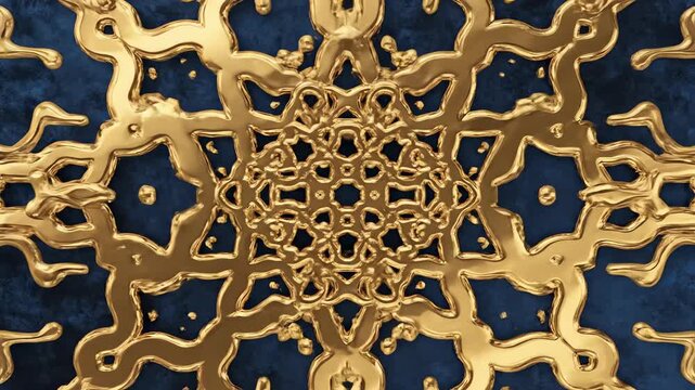 Seamlessly looping abstract animation of fluid gold geometric patterns expanding and contracting dynamically against a deep Moroccan blue background dynamic, minimalist, graphic design