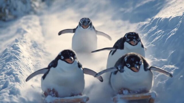 Four penguins slide down a sunlit, snow-covered slope on tiny wooden sleds, squeaking with delight!!