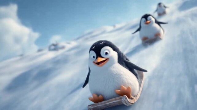 Three penguins ride a snowy hill under a bright sky; one grins, others slide nearby, wind whistles!!