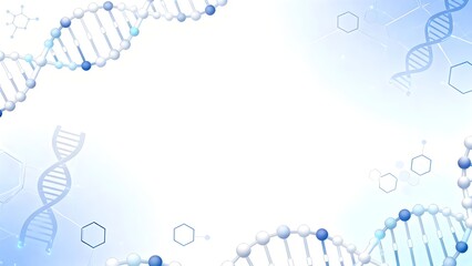 lean scientific background with blue DNA double helix strands and hexagonal molecules framing white copy space, ideal for genetics, biotech research, and medical innovation.