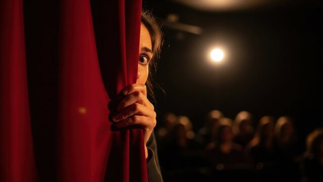 Nervous actor peeking from behind red curtain with spotlight and audience waiting in theater