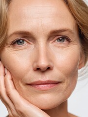 50s middle aged old woman looking at camera isolated on white background advertising dry skin care treatment anti age skincare beauty plastic surgery cosmetology procedures close up half face view no