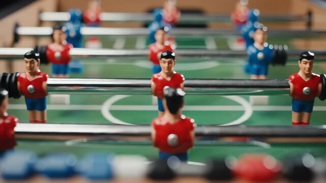 Seamlessly looping abstract background footage featuring the rhythmic rotation and back and forth movement of silver foosball table rods and plastic player figures structure, endless motion