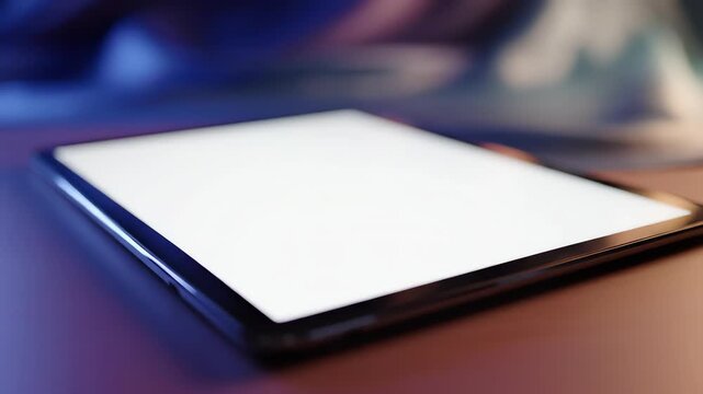 Seamlessly looping abstract background motion where colorful soft ambient studio lighting shifts and reflects across the glossy bezel and blank white screen of a digital tablet device dynamic, flowing