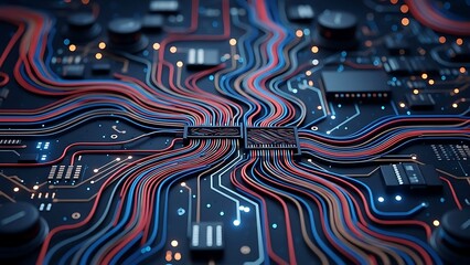 Closeup of a complex circuit board with colorful wiring