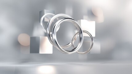 abstract composition of floating silver rings and geometric shapes with soft lighting and subtle reflections