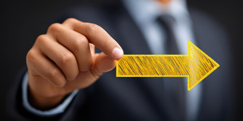 Businessman drawing yellow arrow on chalkboard office visual presentation indoor close-up strategy visualization