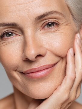 beauty portrait of mature woman smiling with hand on face closeup face of happy senior woman feeling fresh after antiaging treatment smiling beauty looking at camera with perfect skin no logos no bra