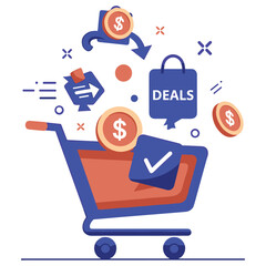 Shopping cart with discounts and deals symbols illustrating savings opportunities