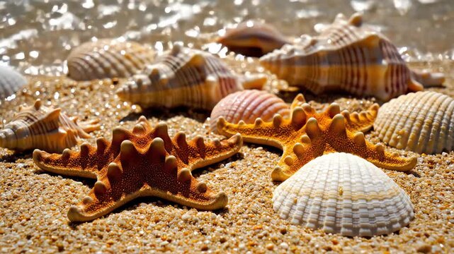 Seamlessly looping abstract background texture featuring highly detailed starfish and various seashells lying stationary on dry beach sand with a shimmering water bokeh effect starfish, ocean
