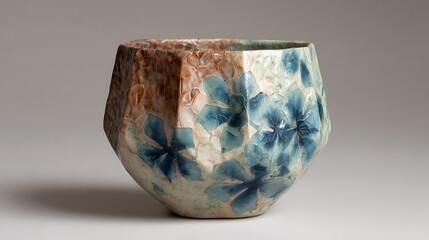 A faceted ceramic cup with blue flowers on a white and brown background