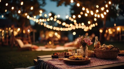 blurred outdoor summer movie night with string lights and picnic setup cozy backyard gathering concept perfect for seasonal lifestyle content