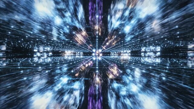 Seamlessly looping abstract digital network grid forming complex geometric patterns and pulsating with energetic light beams for internet technology digital world, deep learning, conceptual