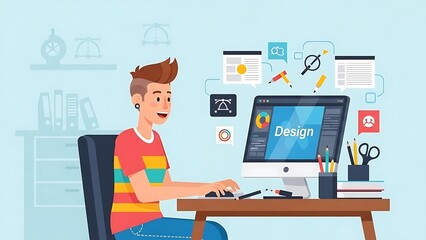 Fototapeta premium Young Designer Working on Computer with Creative Tools