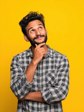 happy joyful smiling young indian man looking aside up thinking of new good opportunities dreaming feeling inspired and proud standing isolated on yellow background portrait no logos no brands ar 34