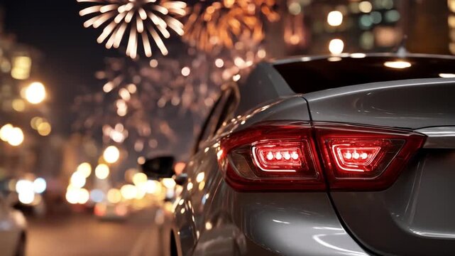 Close-up of a modern sedan's rear at night, glowing taillights amid bustling urban bokeh softly lit!!