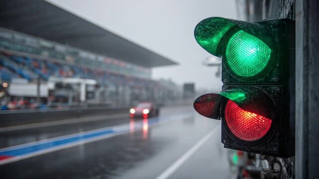 Rain-soaked pit lane frames a green signal, blurred stands, and gleaming wet tarmac under rainstorm