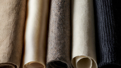 Rolled up various natural fiber fabrics standing vertically as textile sample background