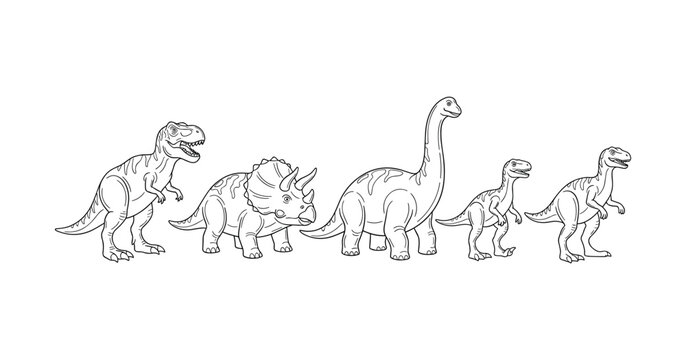 Illustration of various dinosaur species in black and white outline