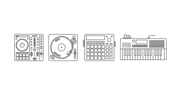 Outline of dj equipment: turntables, drum machine, synthesizer, dj controller