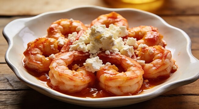 Shrimps saganaki with feta cheese on a plate on a table