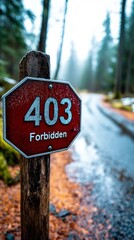 Large red 403 forbidden sign blocking pathway in a serene forest setting during misty weather. Web development error concept