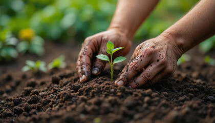 Close up of hands planting small green seedling in dark fertile soil