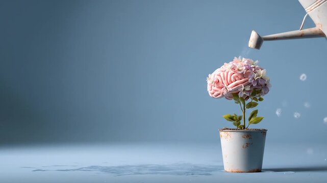A watering can pours water onto a pink hydrangea in a small metal pot against a blue softy backdrop