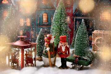 Christmas arrangement with nutcracker and penguin figurines standing in the old town on snowy evening