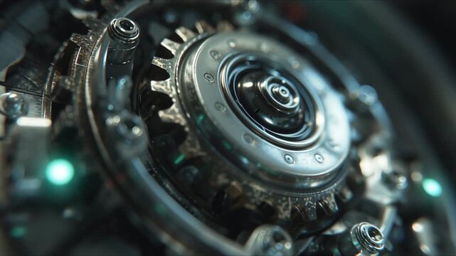 Complex Rotating Circular Mechanism with Glowing LEDs as a Component of a Larger Advanced System, Precision Engineering, Futuristic Technology, Intricate Motion Design for Graphic Video Use