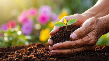Human hands holding handful of rich soil with young plant growing under sunlight