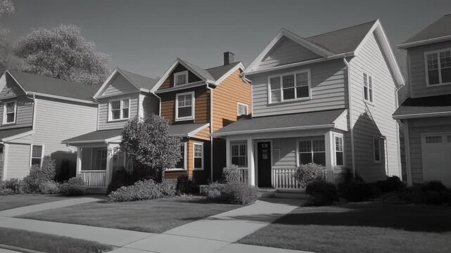 A single orange house stands out in a row of otherwise grayscale suburban homes, emphasizing individuality and contrast.