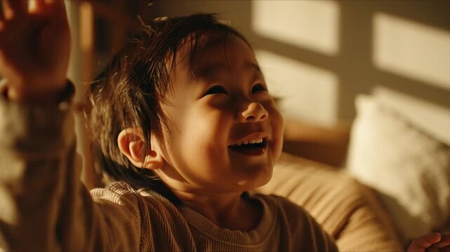 Close-up of a laughing Asian toddler reaching towards soft sunlight indoors, surrounded by cozy home textures, gentle natural lighting, highly detailed family lifestyle visual aesthetic