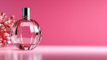 A delicate perfume bottle sits elegantly on a soft pink background, symbolizing luxury and beauty, perfect for fragrance advertising and aesthetic presentations.